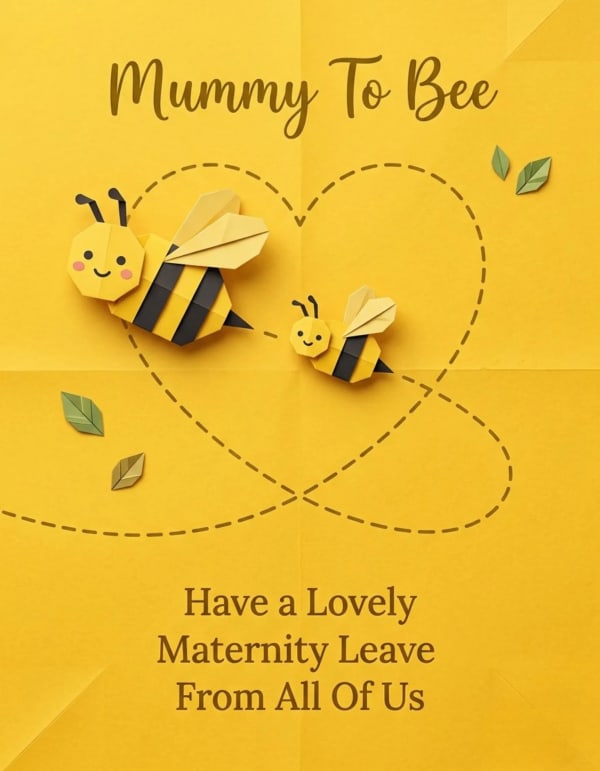 Card with origami bees on a heart-shaped path, symbolising love and new beginnings.