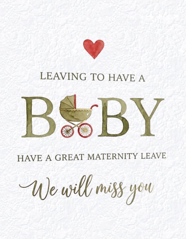 Card with a vintage pram illustration and heart on a textured background.