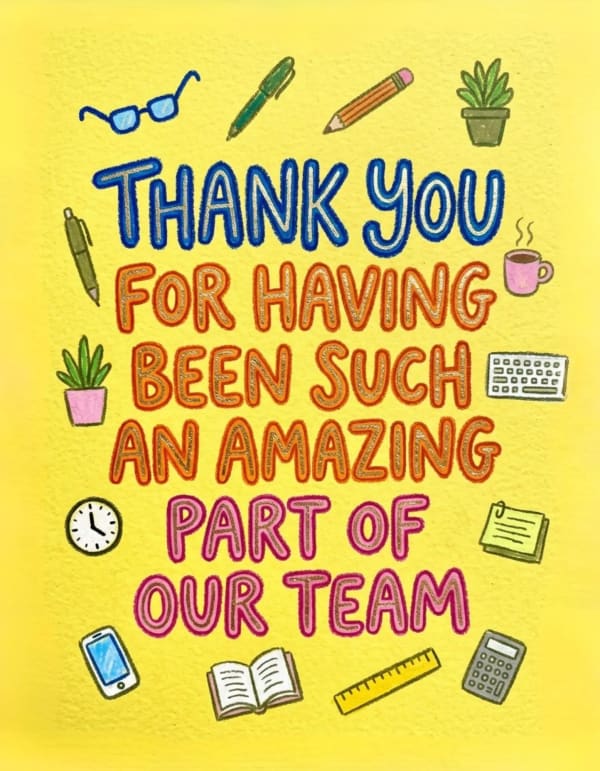 Colourful farewell card with office-themed illustrations and dynamic lettering.