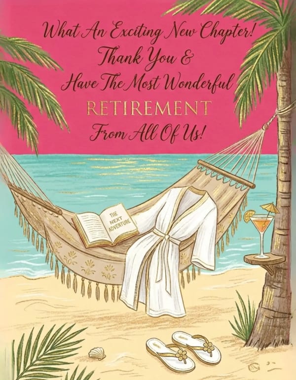 Illustrated retirement card with a beach hammock scene, robe, and tropical drink.