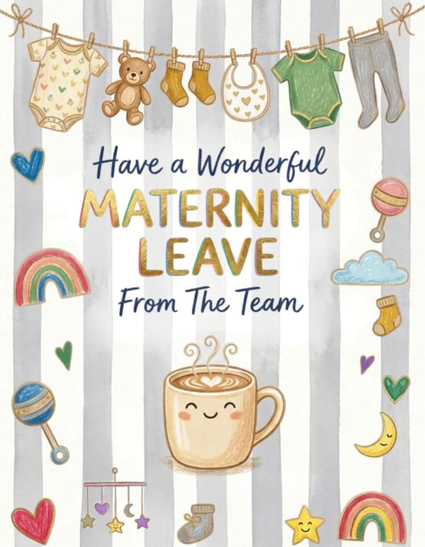 Cute baby-themed card with clothes, toys, and a warm coffee cup illustration.