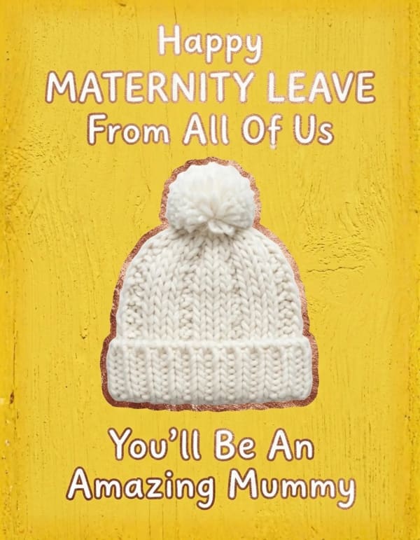 Maternity leave card with a knitted baby hat on a textured background.