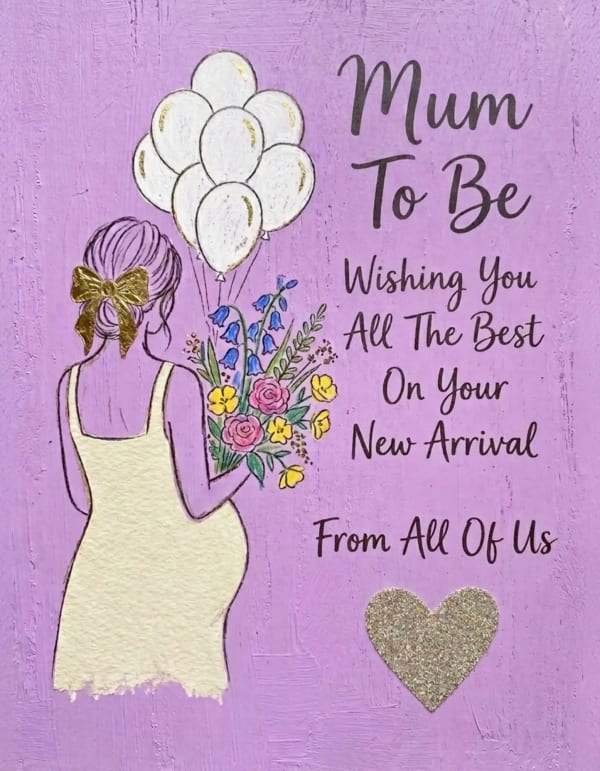 Illustrated card with expectant mother, balloons, and flowers on a textured background.