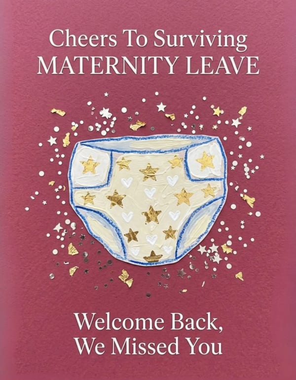 Hand-drawn nappy with stars and confetti on a colourful card.