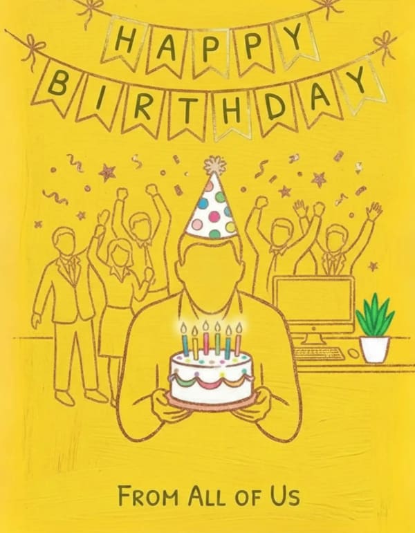 Illustrated group birthday card with party scene and celebrant holding a cake.