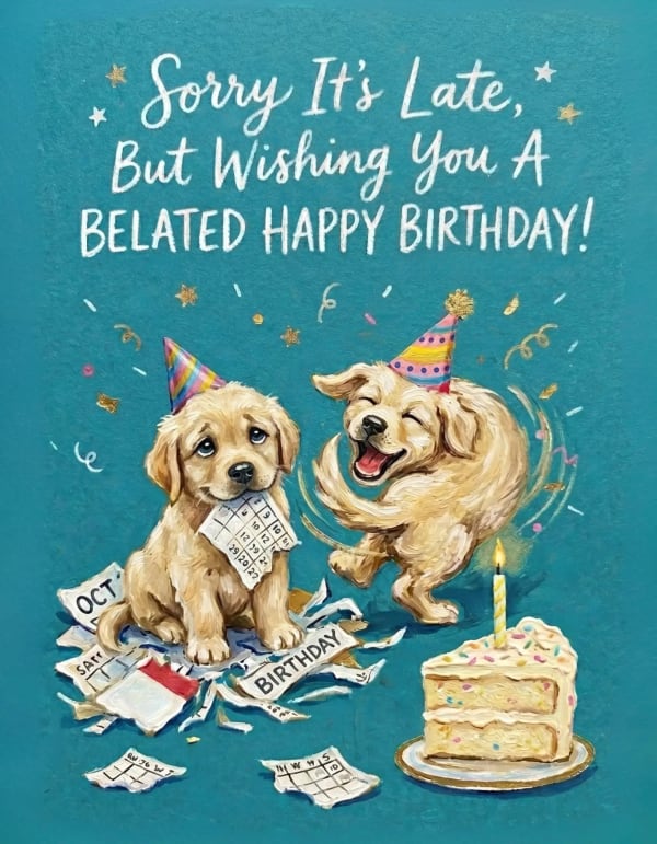 Two puppies in party hats with a cake slice, confetti, and stars on a birthday card.