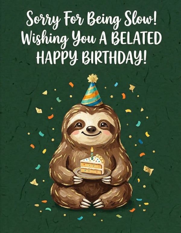 Cute sloth with cake and party hat surrounded by confetti for belated birthday wishes.
