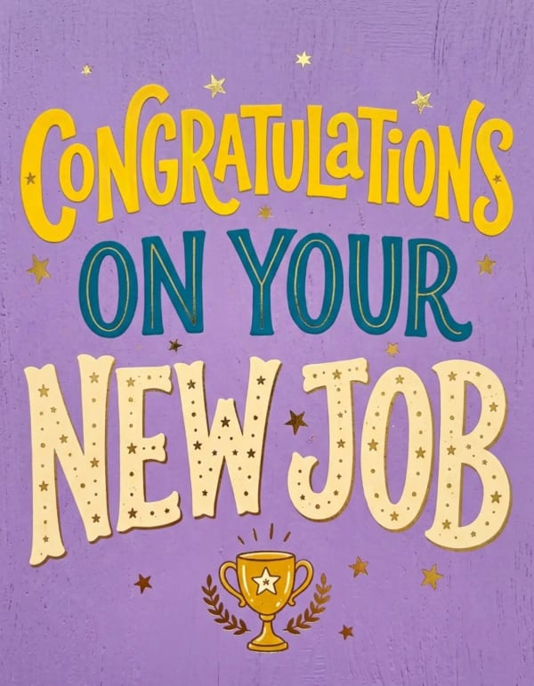 Colourful card with stars and trophy celebrating a new job opportunity.