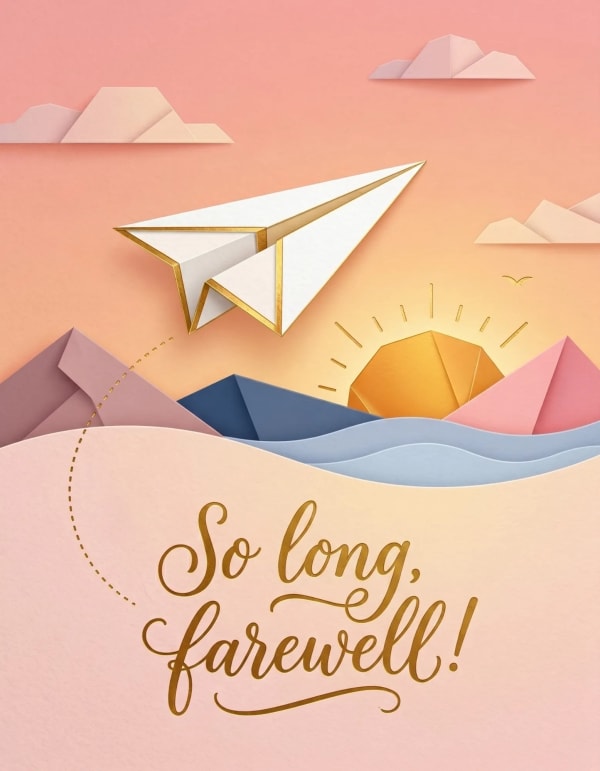 Paper aeroplane flying over stylised mountains and clouds at sunset.