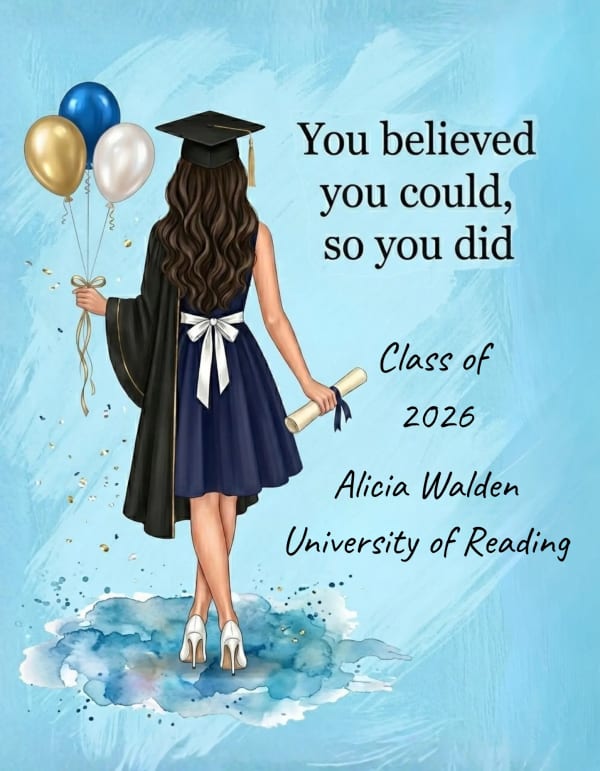 Graduation card with an elegant illustration of a graduate holding balloons.