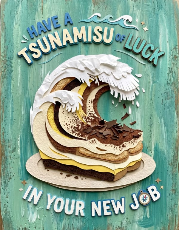 Leaving card with a cartoon tiramisu wave design.