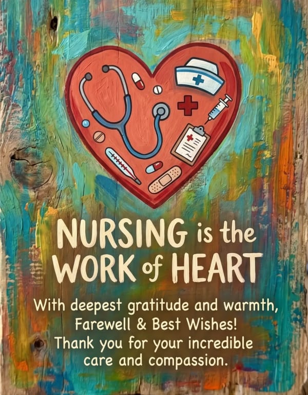 Leaving card with hand-drawn medical motifs, ideal for a nurse.