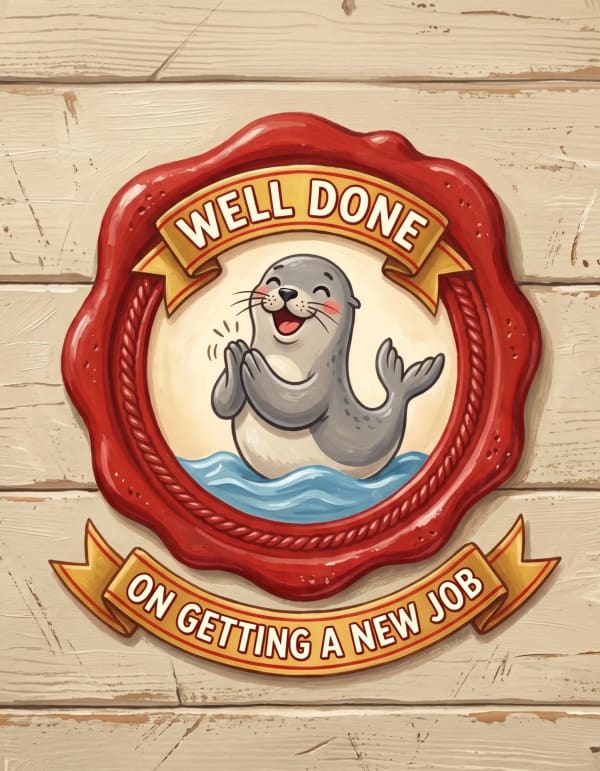 Leaving card with a playful cartoon seal celebrating a new job.