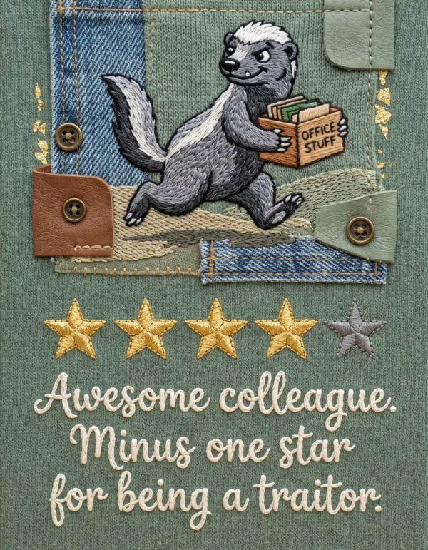 Leaving card with a cartoon badger in a playful embroidered style.