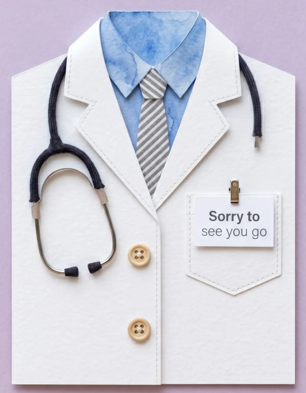 Leaving card with a minimalist doctor's coat design, ideal for medical staff.