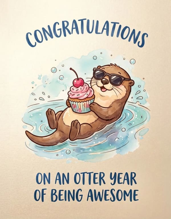 Birthday card with a cartoon otter holding a cupcake.
