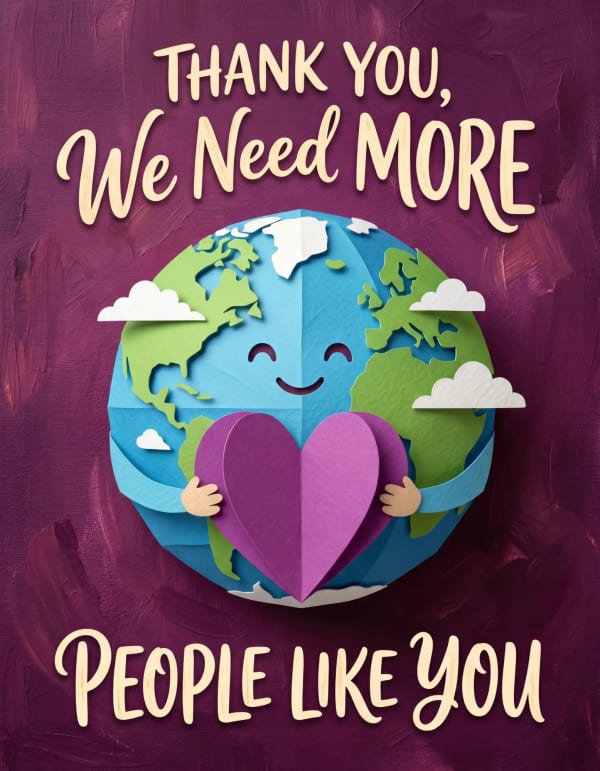 Thank you card with a playful cartoon Earth holding a heart.