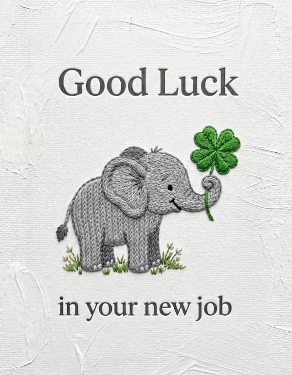 Good luck card with cartoon elephant and clover for a new job.