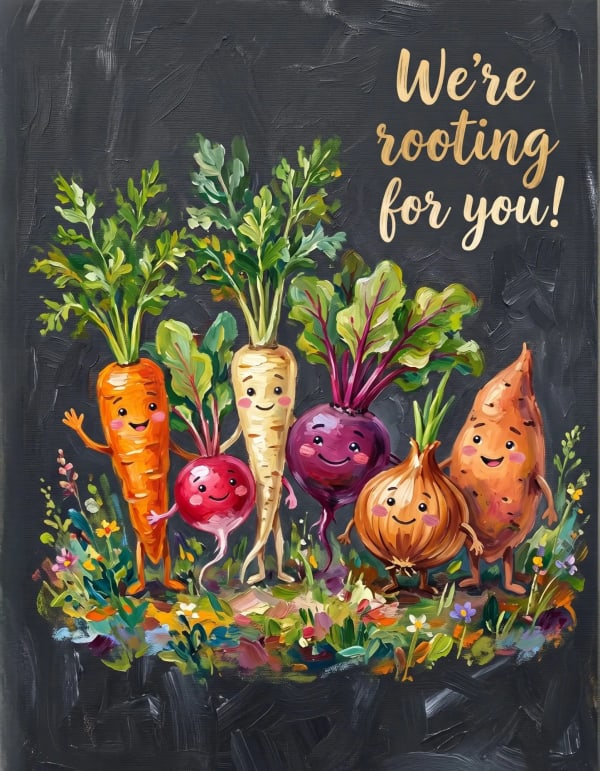 Good luck card with cartoon vegetables.