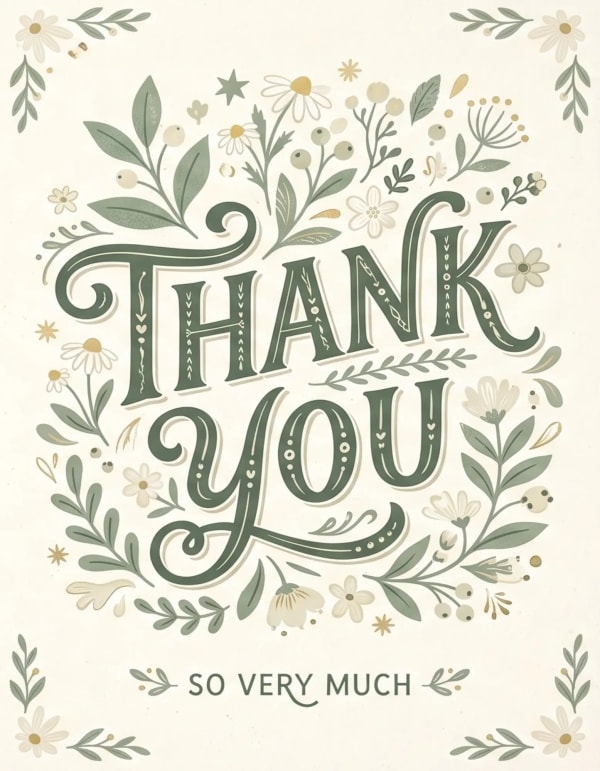 Thank you card with a floral hand-drawn design.