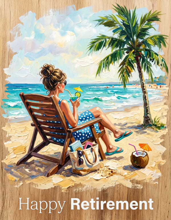 Retirement card with a vibrant beach scene.