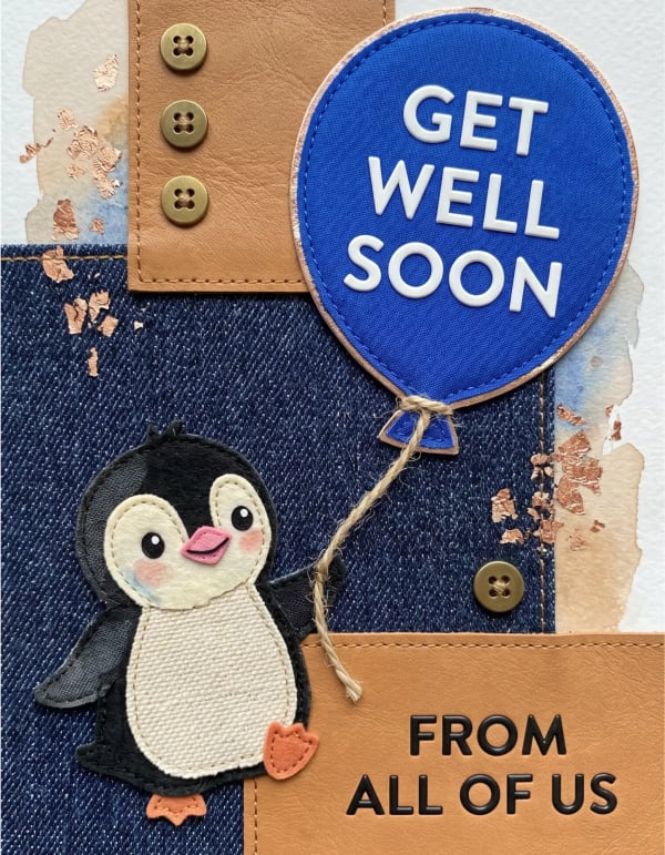 Get well soon card with a cartoon penguin and denim motif.