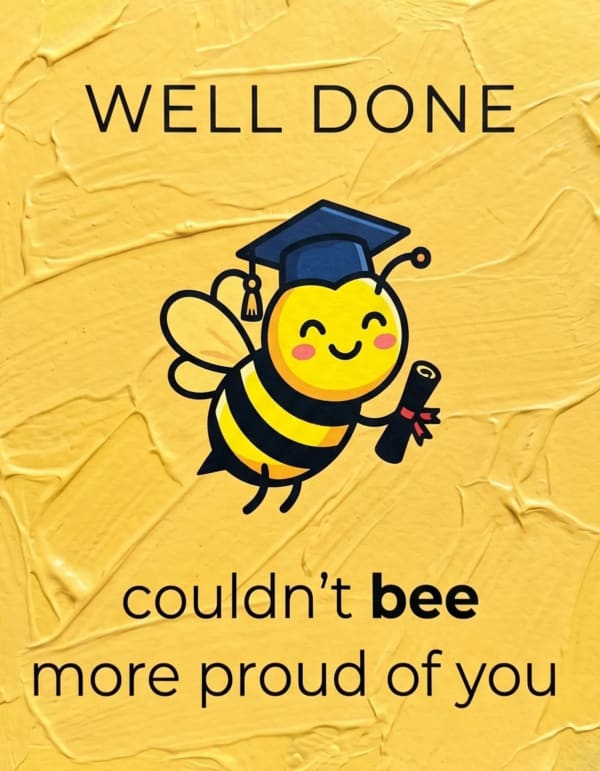 Graduation card with a cartoon bee in a cap on a yellow background.