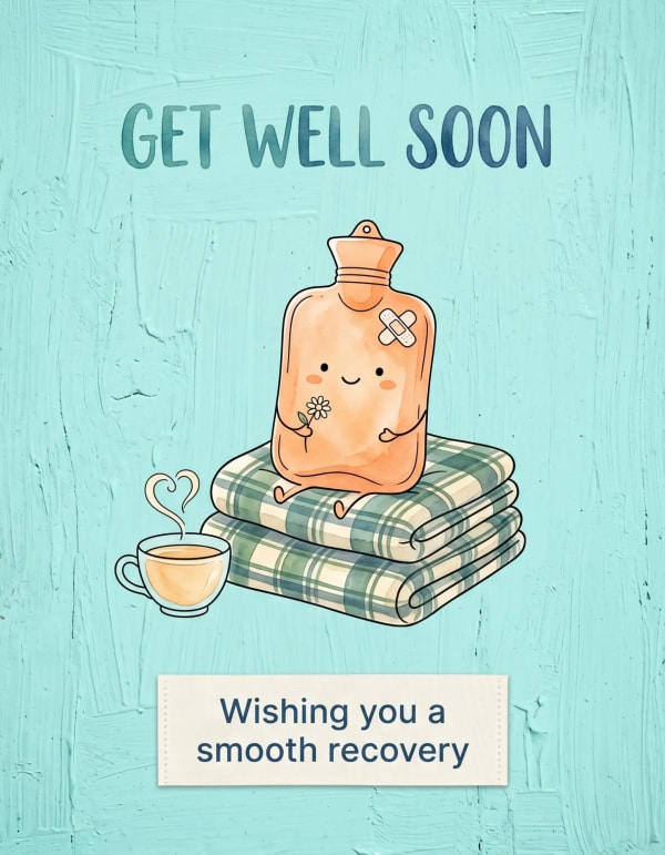 Get well soon card with a cartoon hot water bottle and pastel blue background.