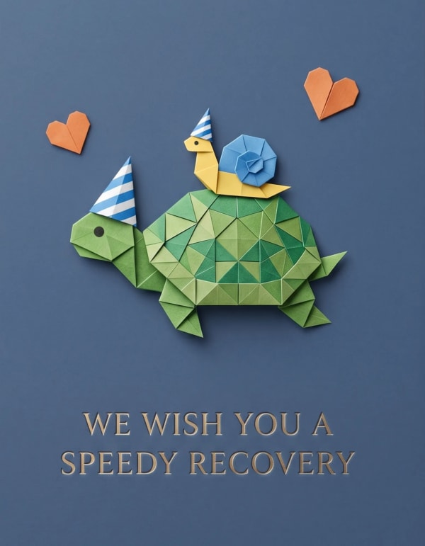Get well soon card with a geometric origami turtle and snail.