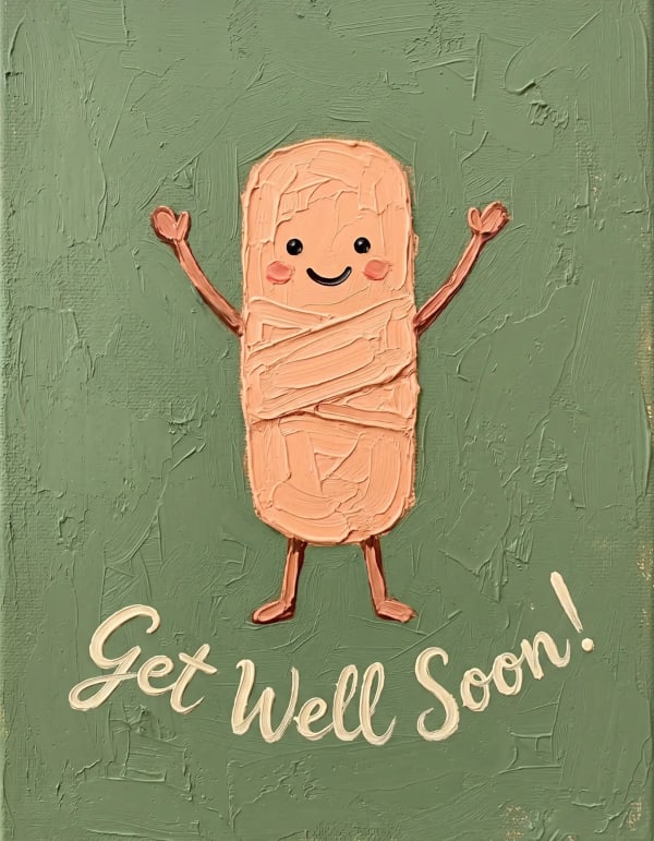 Get well soon card with a cartoon bandage character on a green background.
