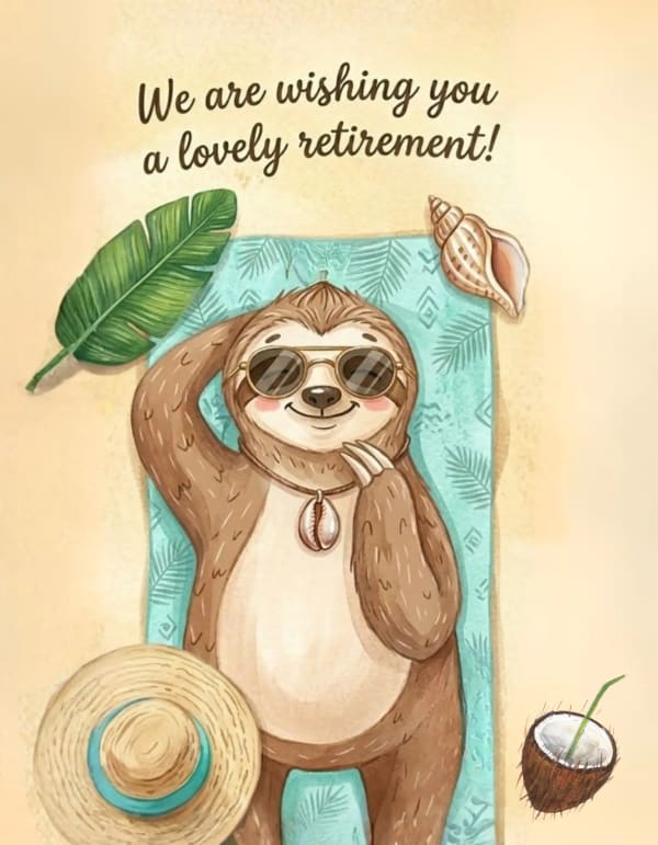 Retirement card with a cartoon sloth on a beach towel, creating a playful vibe.