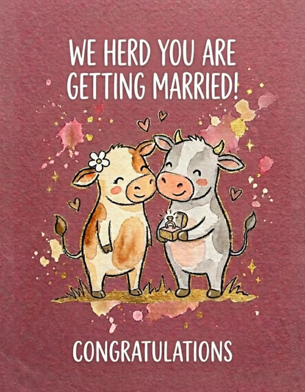 Wedding card with cartoon cows in a playful watercolour style.