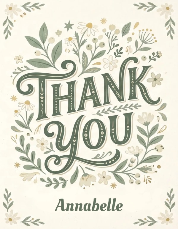 Thank you card with a floral design and hand-drawn leaves and flowers.
