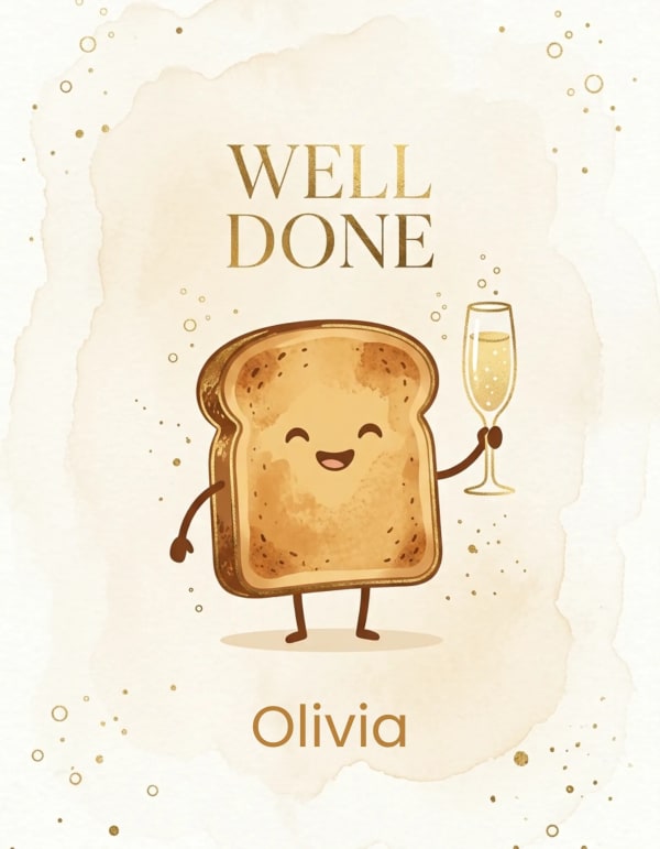Congratulations card with cartoon toast character holding champagne.