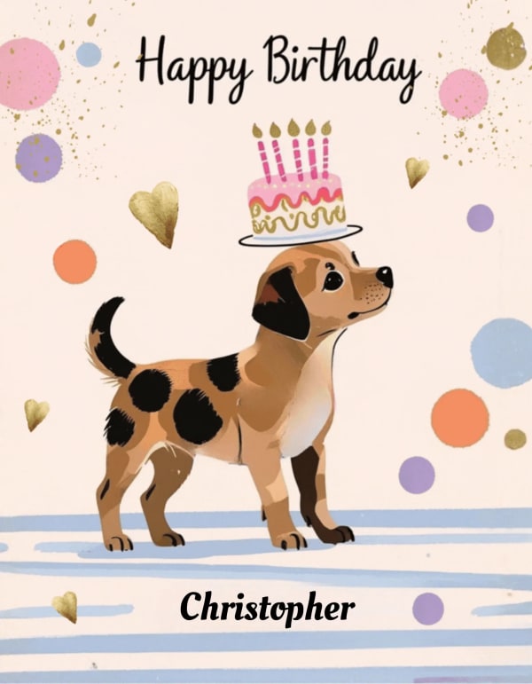 Birthday card with a cartoon dog and cake, featuring gold accents.