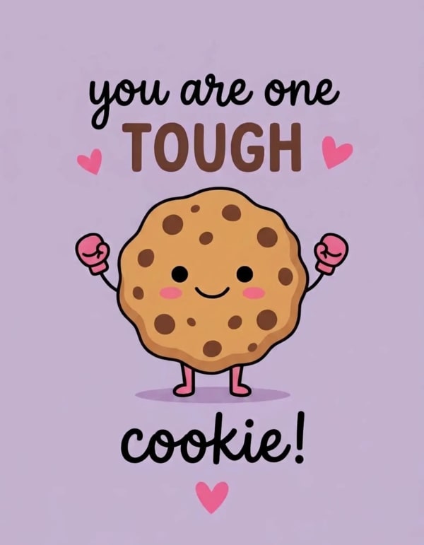 Well done cartoon card with a cheerful cookie in boxing gloves.