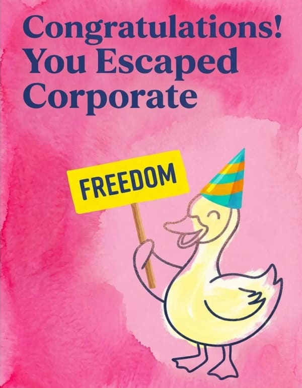Retirement card with a cartoon duck on a pink background.