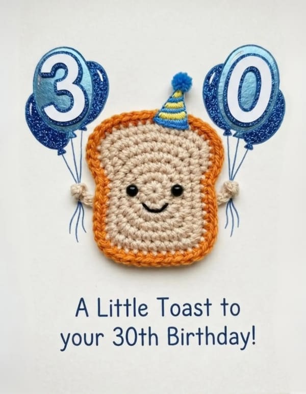 Birthday card with cartoon toast and balloons for a playful 30th celebration.
