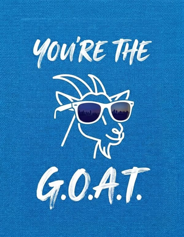 Cartoon thank you card with goat in sunglasses on blue background.