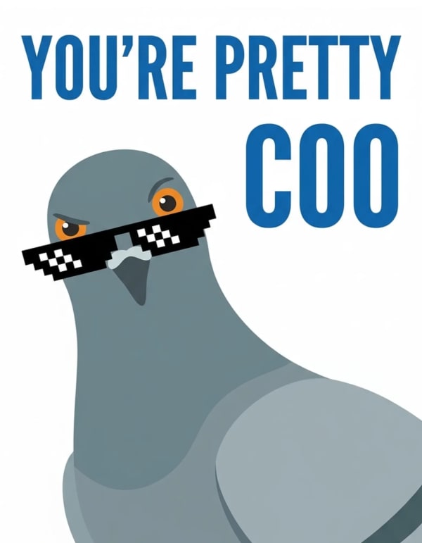 Appreciation card with a cartoon pigeon wearing sunglasses.