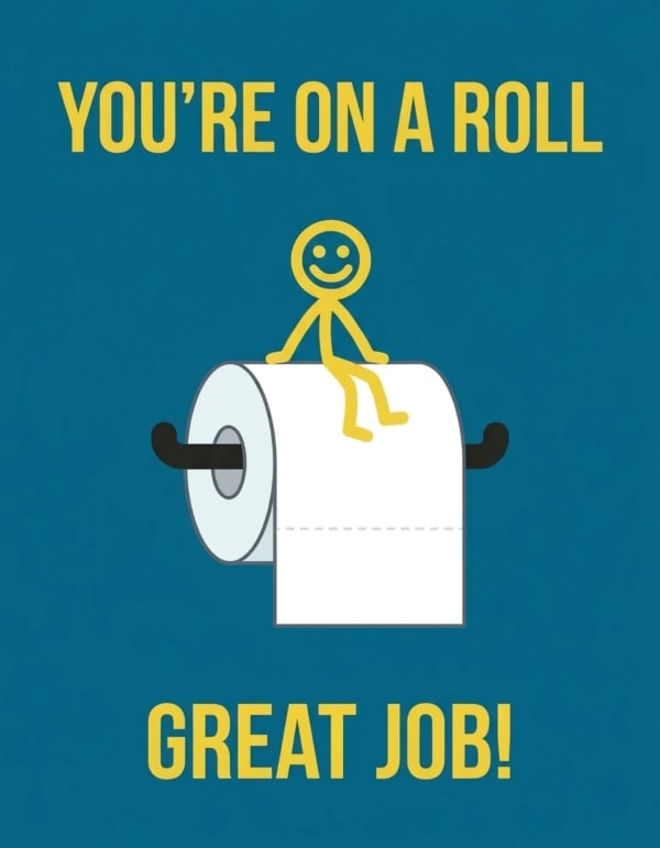 Thank you card with a cartoon design featuring a stick figure on a toilet roll.