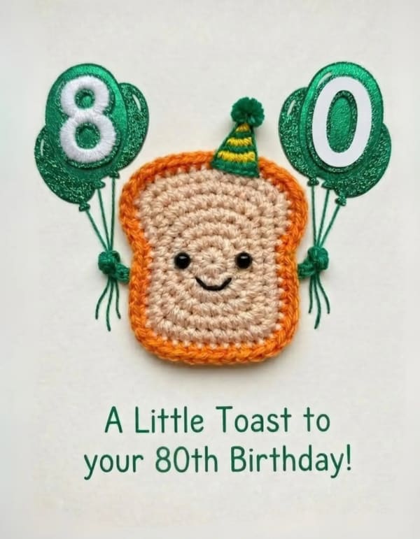 Birthday card with cartoon-style toast and balloons celebrating an 80th birthday.