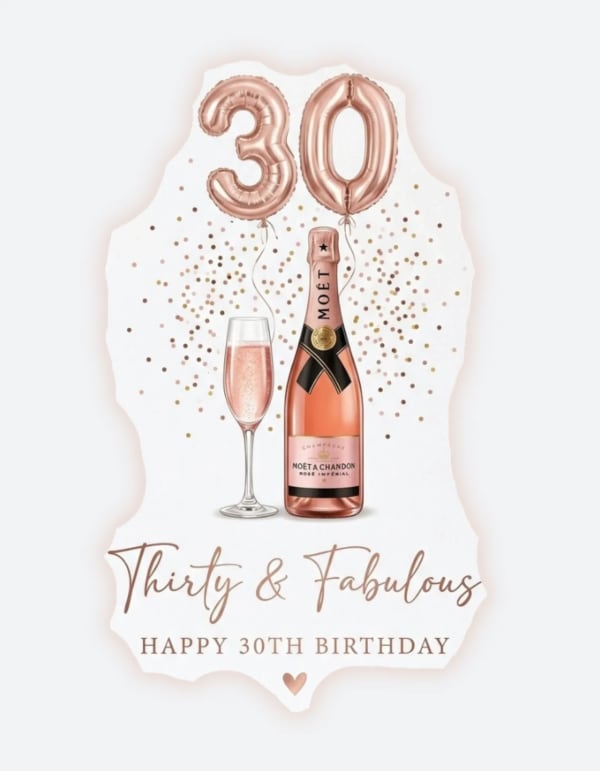 Elegant 30th birthday card with champagne motif and rose gold accents.