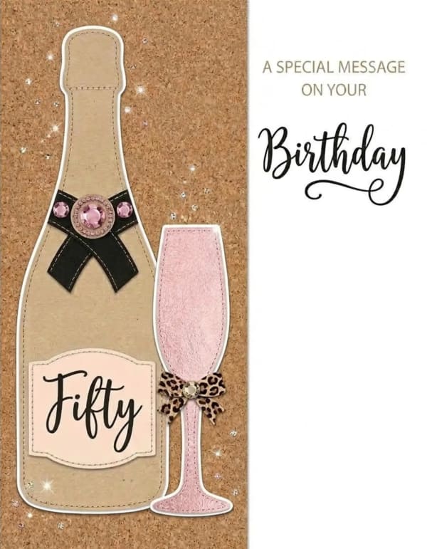 50th birthday card with champagne bottle and glass motif.