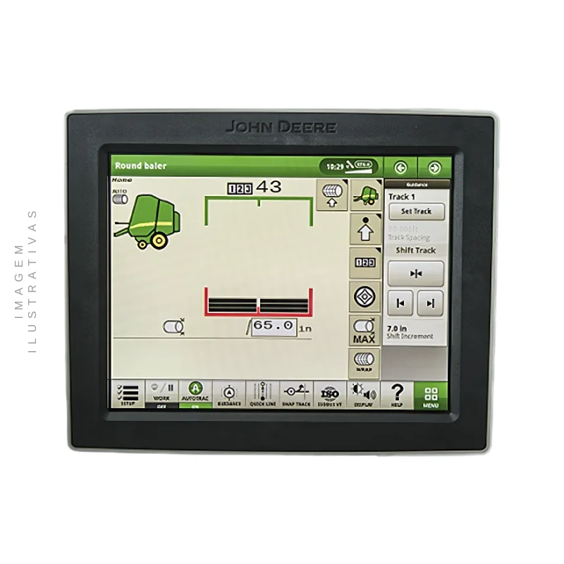 Monitor agrícola John Deere GS4 4240 instalado na cabine de um trator moderno em operação.