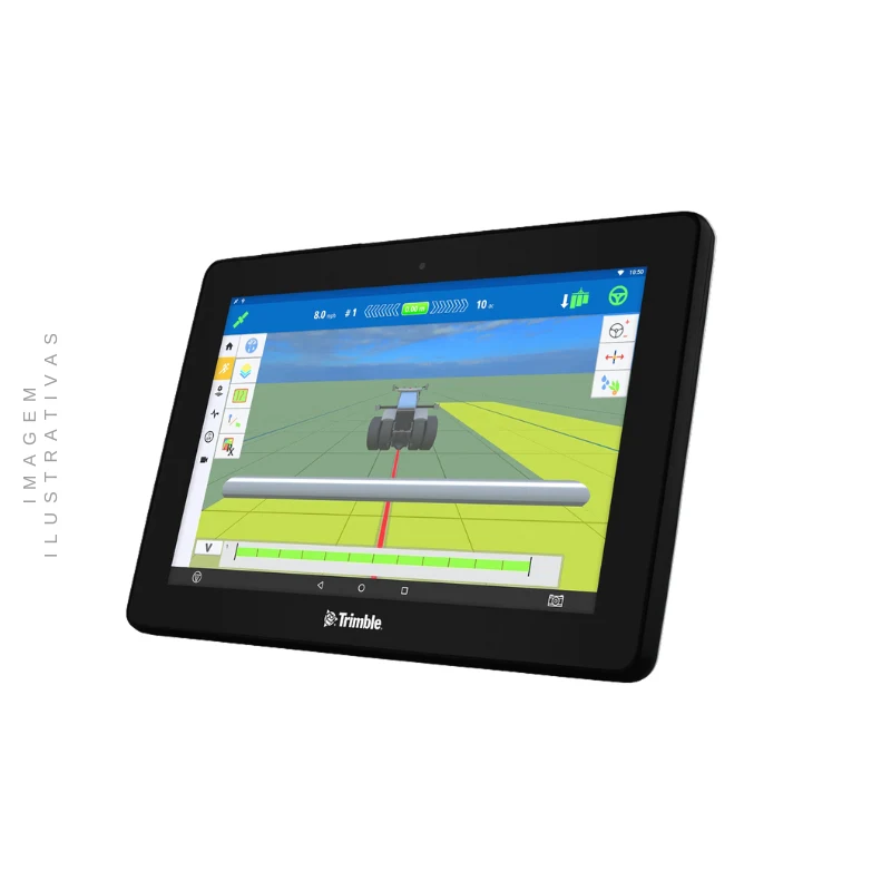 Monitor de agricultura de precisão Trimble GFX-750 instalado em um trator moderno em uma lavoura de soja, mostrando a interface do usuário na tela.