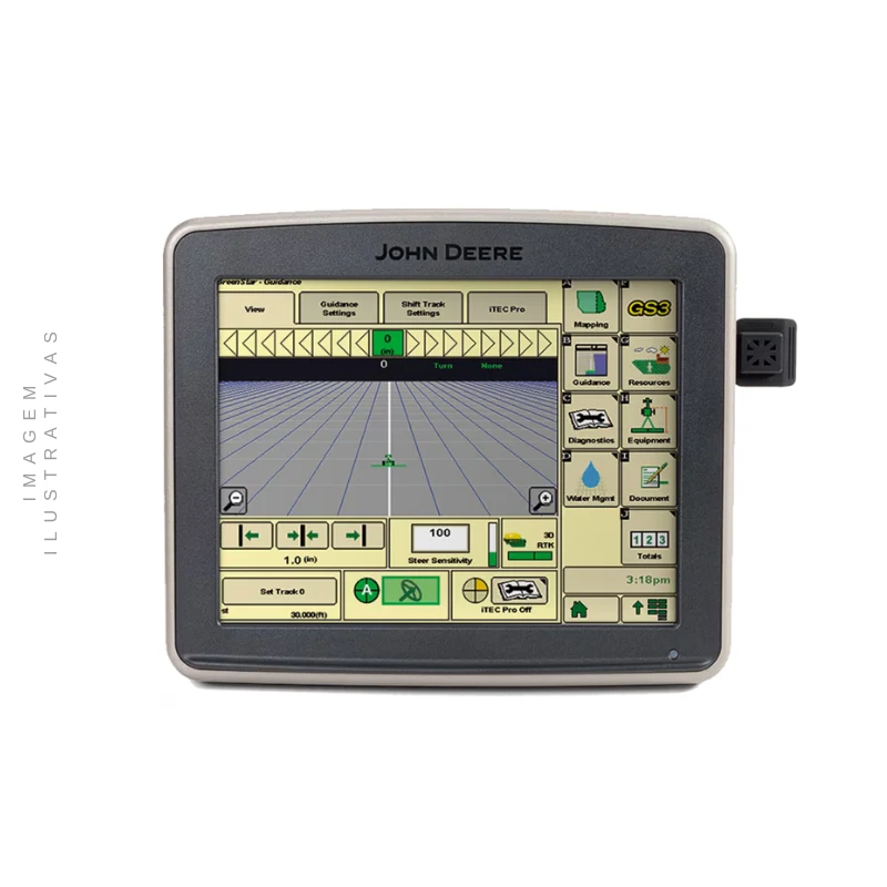 Monitor John Deere GS3 Autotrac instalado em um trator moderno em operação de plantio, com interface intuitiva exibindo informações de plantio.
