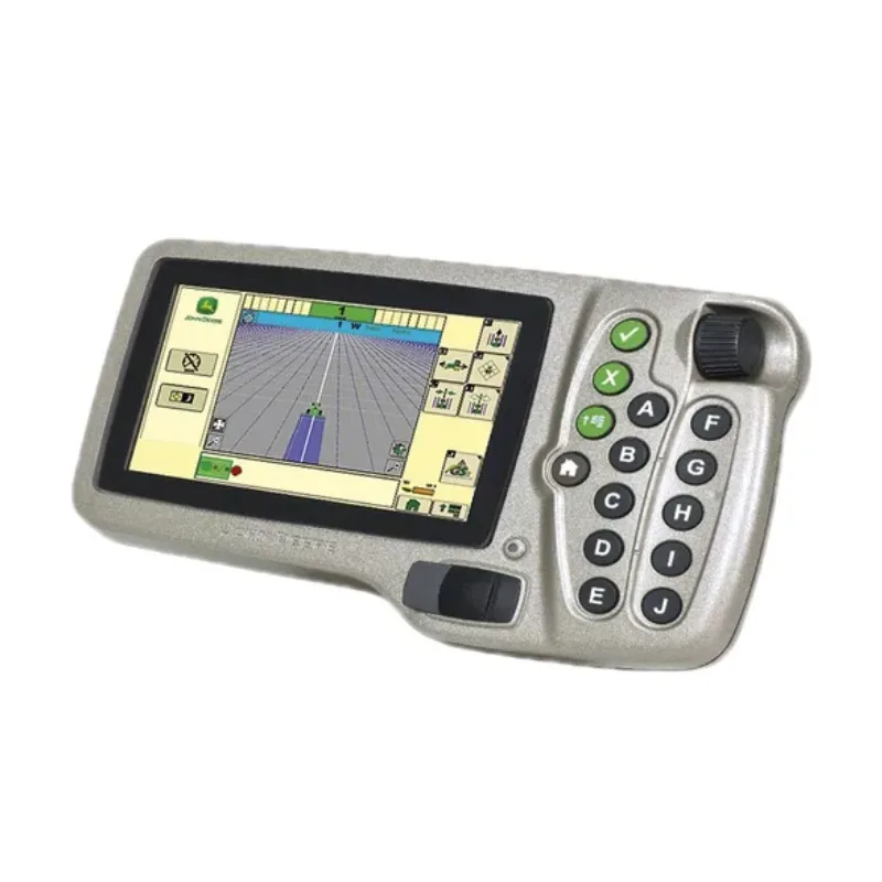 Monitor John Deere 1800 - AutoTrac SF2 Vitalício instalado em trator na cabine, com lavoura ao fundo.
