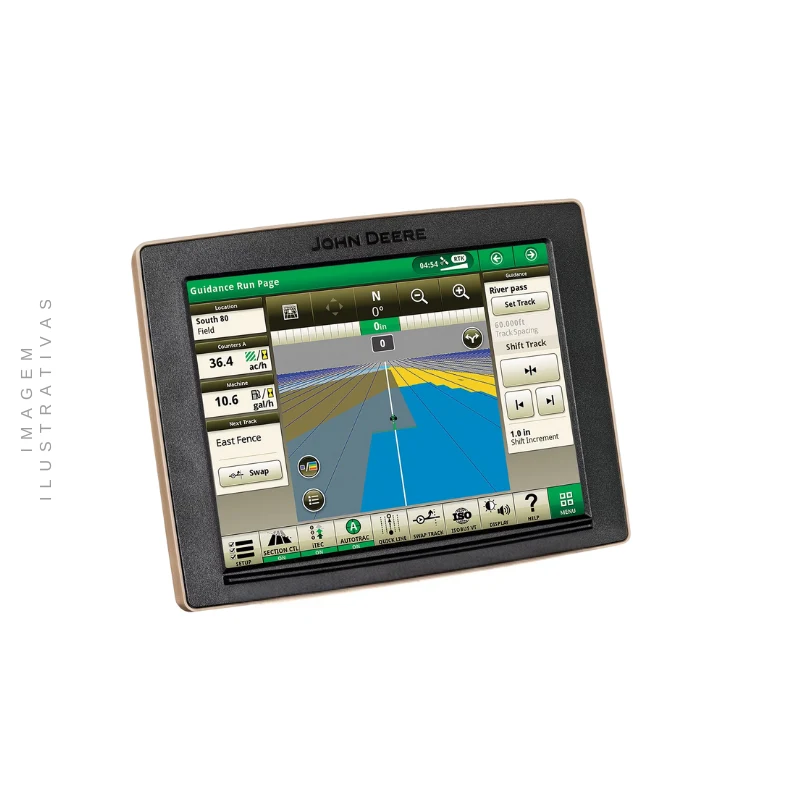 Monitor Colheitadeira John Deere instalado em uma cabine de colheitadeira, mostrando dados de desempenho em tempo real durante a colheita da soja.