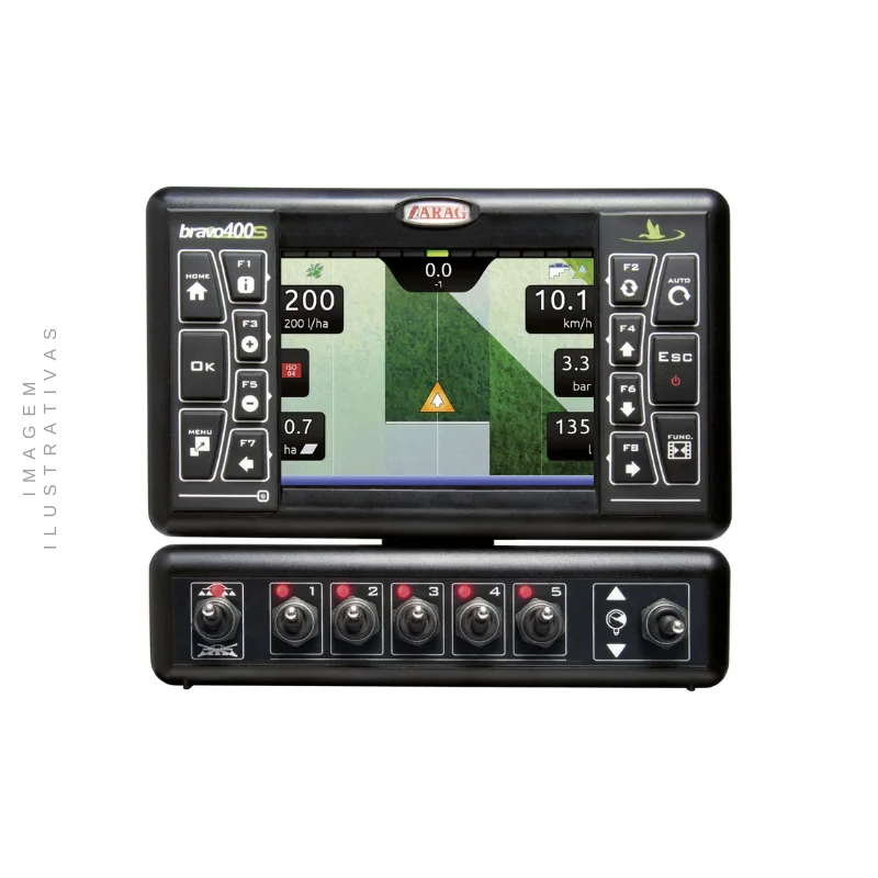 Kit Controlador de Vasão Bravo 400S Arag - Completo, com seus componentes, instalado em um pulverizador agrícola.